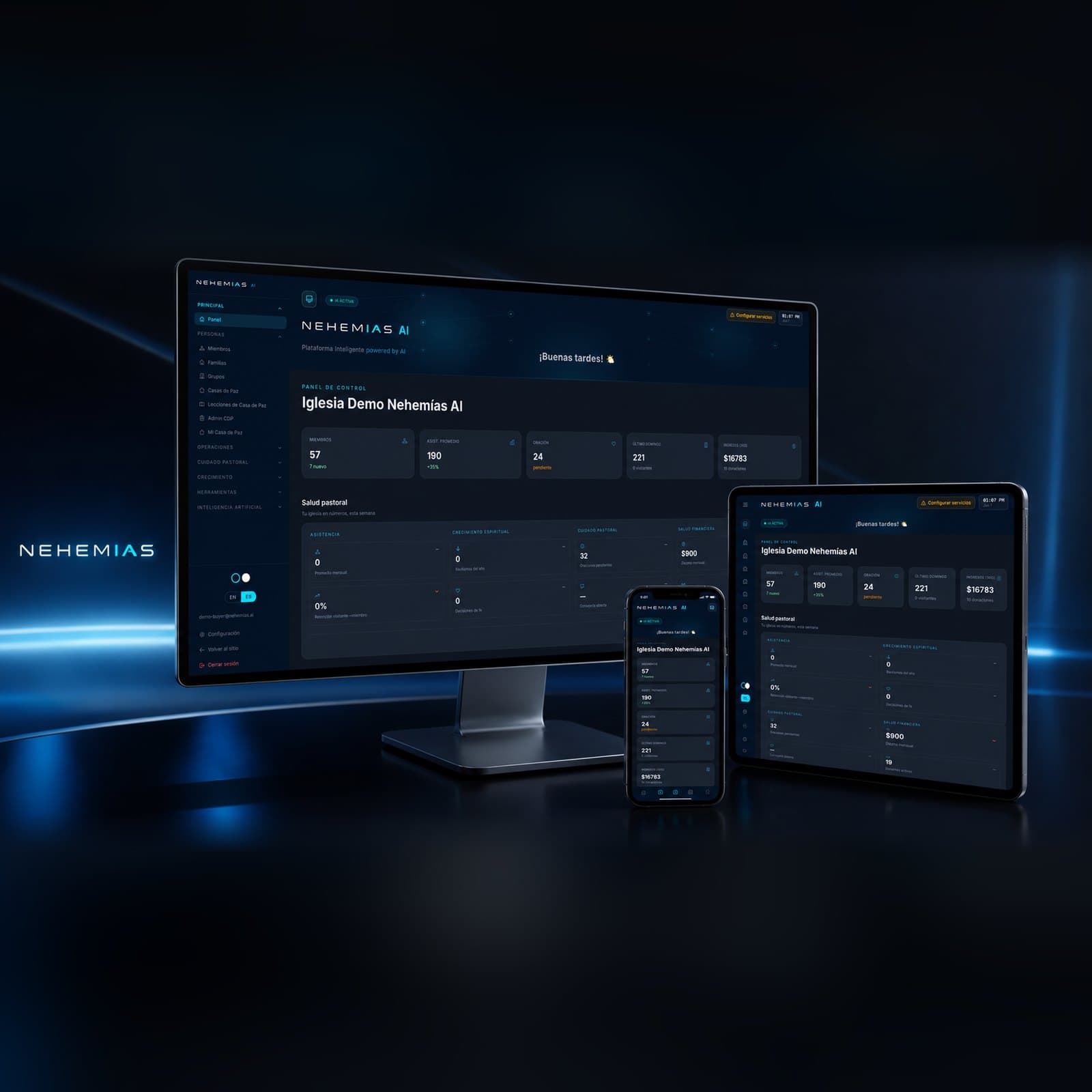 Plataforma Nehemías AI en monitor, tablet y teléfono