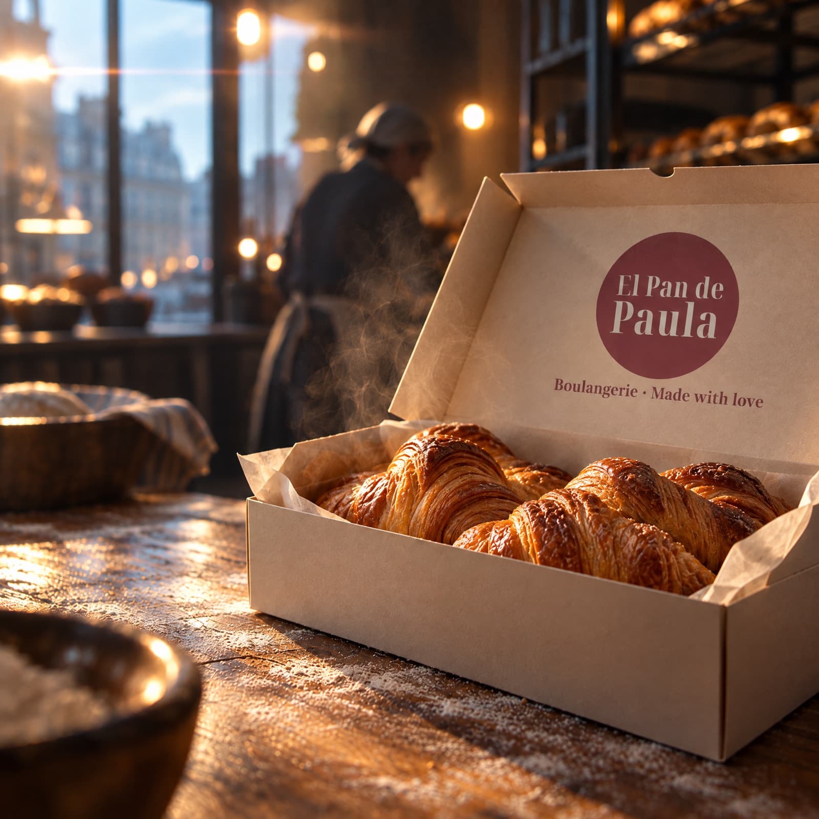 Caja de El Pan de Paula con croissants al amanecer