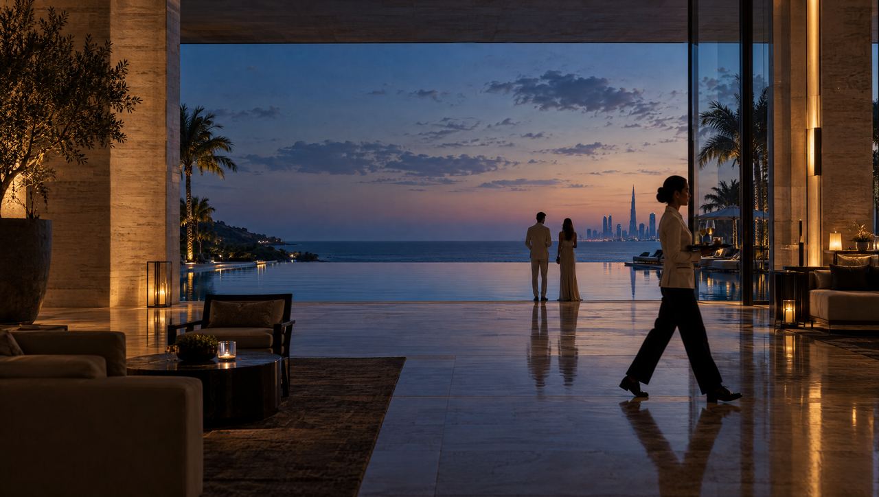Lobby de hotel de lujo al anochecer que se abre a una alberca infinita frente al mar.